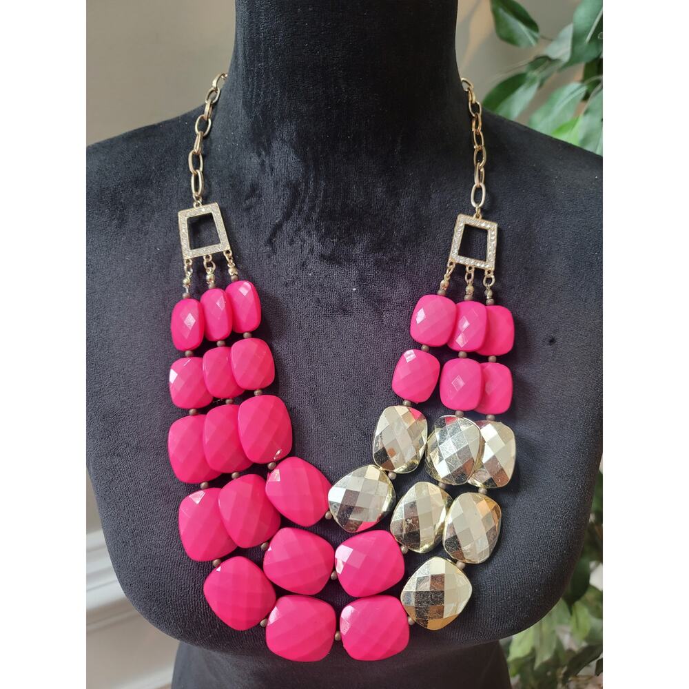 Women's Pink Gold Chunky Statement Bib Necklace Faceted Bead Chain Jewelry